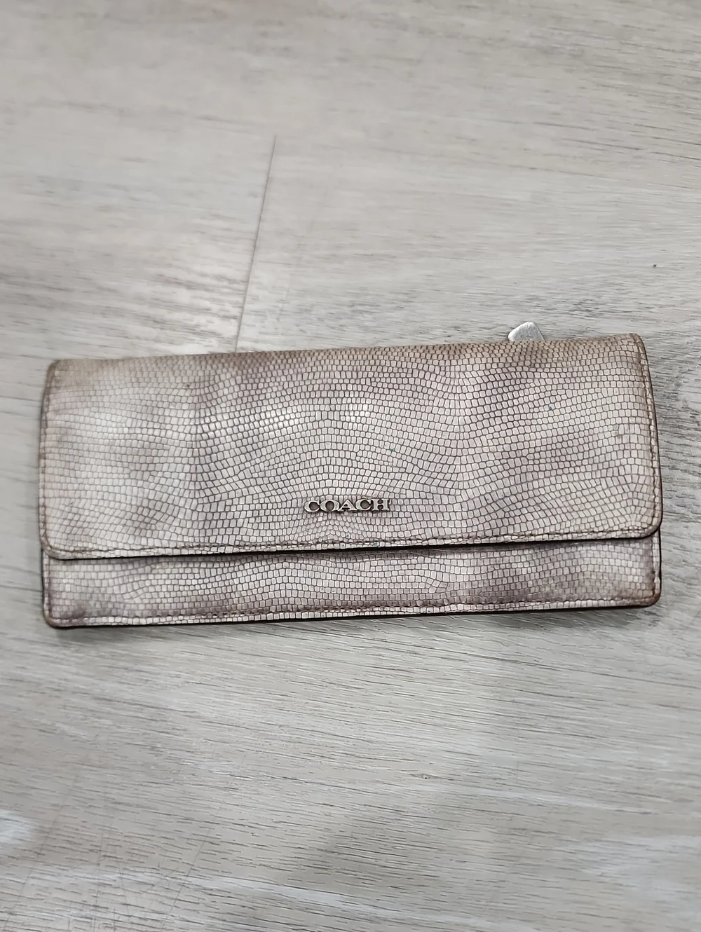 COACH Metallic Taupe Textured Fold-Over Wallet